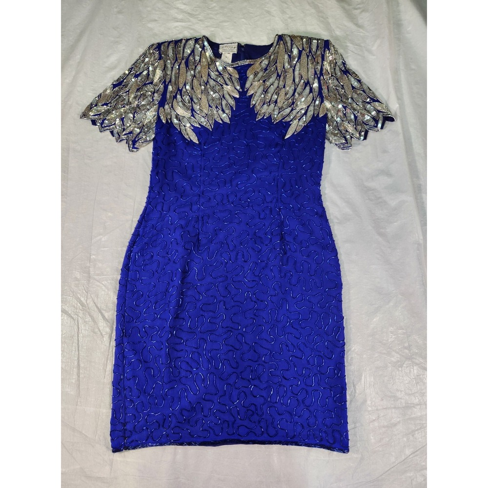 Vintage Stenay Royal Blue 100% Silk Full Beaded Dress Sequin 10 Short Sleeve 80s